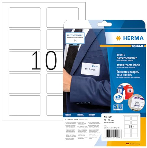 HERMA Self Adhesive Clothing Labels, 10 Labels per A4 Sheet, 640 Sheets, 80 x 50 mm, 6400 Labels, Blank Removable Name Labels Stickers, Sticky Textile Labels for Laser & Inkjet Printer, White
