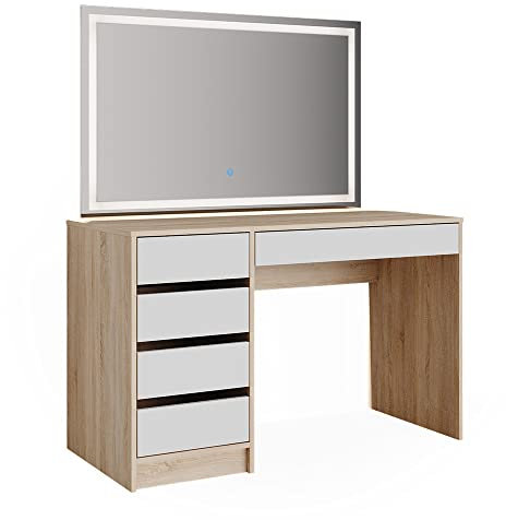 Vicco Schminktisch Sherry, Kosmetiktisch mit Spiegel, Sonoma/Weiß, 120 cm mit LED-Spiegel