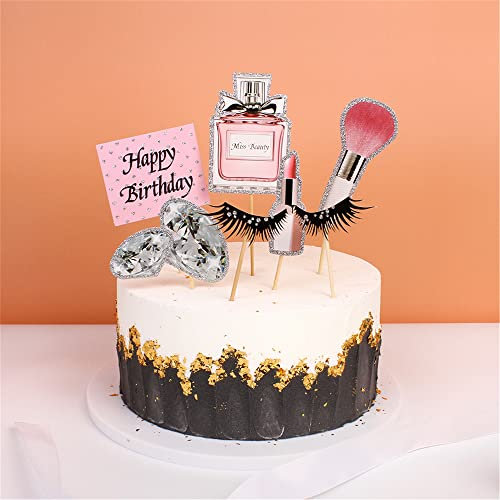 Blumomon 28Pcs Glitter Makeup Cupcake Toppers Happy Birthday Glitter Cosmetics Theme Bridal Cake Toppers Party Cake Decoration Supplies