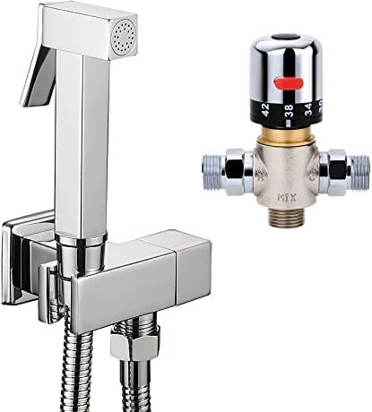 Ownace Quadratisches thermostatisches Chrom-Set zur Wandmontage, für muslimische Bidet, Shattaf, Dusche, Brause, Messing