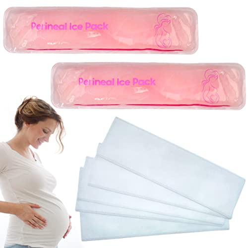 Wiederverwendbare Kühlakkus zur Schmerzlinderung nach der Geburt & Hämorrhoiden, heiße & kalte Packung für Frauen nach der Schwangerschaft, 2 Eisbeutel und 3 Abdeckungen. (Rosa & Vliesbezug)