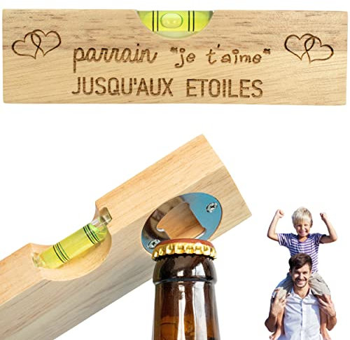 ERNESTINE - Décapsuleur 2 en 1 parrain niveau à bulle ET décapsuleur - cadeau fête annonce parrain baptême - demande parrain outil bricolage homme bricoleur - cadeau homme anniversaire Noël porte clés