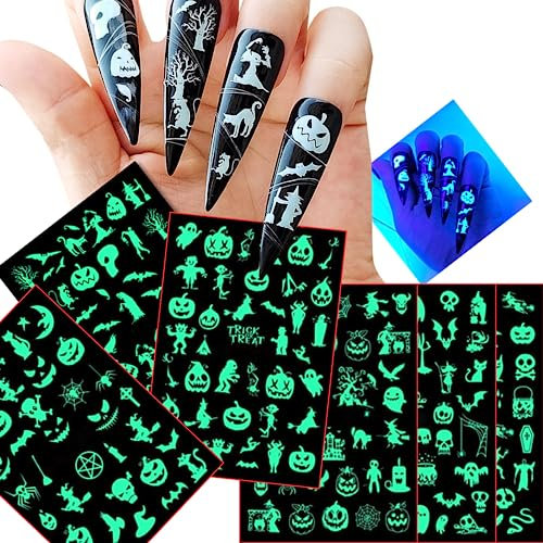 Halloween 3D Nagelsticker,Selbstklebend Schrei Leuchtend Spinnennetz-Kürbis-Schädel-Fledermaus-Geist-Hexe Nail,Art Sticker Dekoration Nageldesign Zubehör