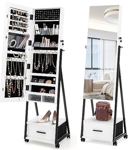 GOPLUS Schmuckschrank mit Spiegel, 360° drehbarer Spiegelschrank mit Schublade, abschließbare Schmuckaufbewahrung mit Rollen (Weiß)