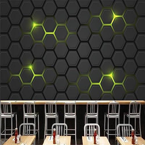 POCHY 3D Background Wall Bedroom Mural Wallpaper Technology Sense 3D Hexagonal Green Backlight Mural Wallpapers for Company Internet Cafe Gaming Hall Decor Wallpaper 3D-400Cmx280Cm