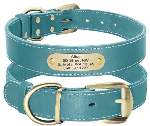 Didog Collar de perro de cuero genuino con placa de identificación, collar de perro personalizado suave con etiqueta de identificación grabada, collares personalizados para perros pequeños, Azul