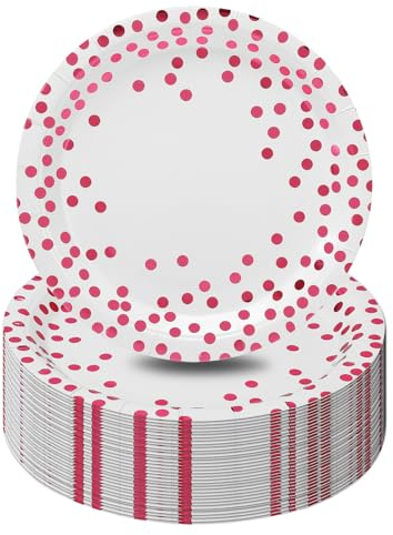 CEILIWEN Lot de 50 assiettes de fête en carton blanc et rose rouge, assiettes jetables pour fête, anniversaire, vaisselle de fête en or blanc, 18 cm, blanc et rouge rose