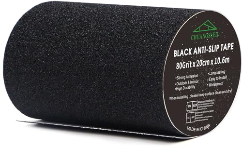 CHUANGSEED Cinta adhesiva antideslizante negra de 20 cm x 10,6 m, de alto agarre, para escaleras, peldaños, para interior y exterior, cinta de seguridad autoadhesiva de alta calidad