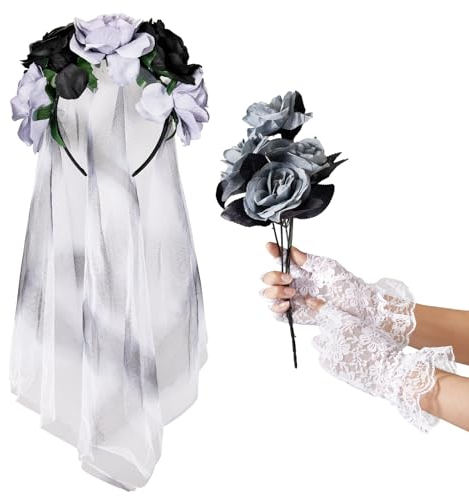 SATINIOR Halloween Kostüm Netz Schleier mit Rosen Blumenkranz Stirnband Rosenstrauß Fingerlose Spitzenhandschuhe Tag der Toten Kostüm Accessoires (Grau, Weiß)