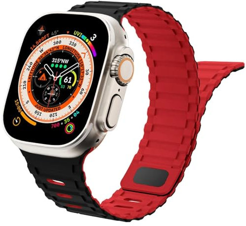Magnetisches Uhrenarmband für Apple Watch Armbänd 49mm 45mm 44mm 42mm，Weiches Silikon Sport Loop Magnet Ersatzarmband für iWatch Ultra 2 Series 9/8/7/6/5/4/3/2/SE,schwarz mit rot，42mm 44mm 45mm 49mm