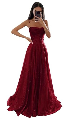 Glitzernde Pailletten Tüllkleider Damen Spaghettiträger Formelle Abendkleider Lange A Linie Partykleider Burgundy M