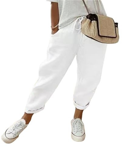 MorFansi Damen Leinenhose Casual Leicht Sommerhose Bequeme Luftige Hose Freizeithose Strandhose mit Taschen (Weiß,XL)