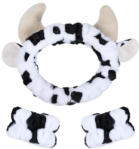 Youery Haarband Schminken Plüsch Cow Print Gesicht Waschen Haarbänder Make up Stirnband mit Handgelenk Waschband,Haarband zum Abschminken Dusche Spa, Kreative Haar-Accessoires für Mädchen und Frauen