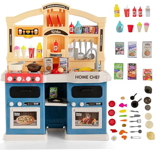 COSTWAY 69 TLG. Kinderküche mit Lichter & Dampf & Musik & Sound, Spielküche inkl. Zubehör, Kinderspielküche mit Wasserpumpe & Spülbecken (Blau)