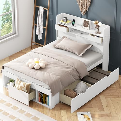 Rtopsu Rtopu Letto Singolo per Bambini 90x200 cm con Testiera USB, Letto per Ragazzi in Legno con 3 Cassetti Contenitore e Portaoggetti, Struttura del Letti con Rete e Doghe, Bianco, Senza Materasso