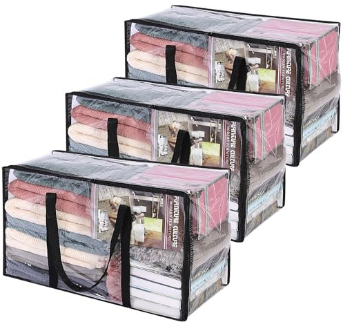 Vieshful 3 Pack Clear Comforter Storage Bag, 60L Clothes Storage Bag with Zipper Closet Organizer, Plastic Storage Containers Moving bags for Comforter, Blanket, Bedding, Duvet, Toys