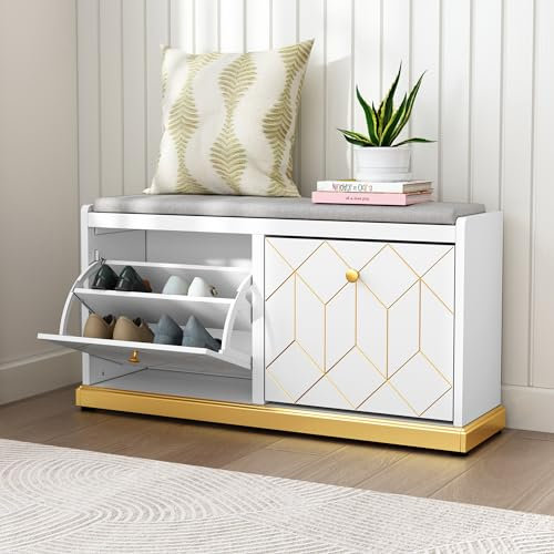 HOLTICO Schuhschrank Schuhablage Schuhbank mit 2 Schubladen und gepolsterter Sitzfläche,das Wohnzimmer,Schuhregal Flurschrank mit Schuhaufbewahrung für den Flur,Weiß