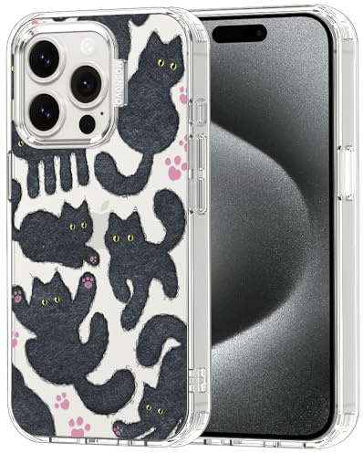 MOSNOVO Case for iPhone 15 Pro, [Buffertech 6.6ft Military-Grade Drop Protection] [Anti Peel Off Tech] Clear TPU Bumper Phone Case Cover Design - Black Furry Cat