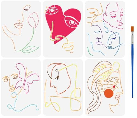 FINGERINSPIRE 6 Stück Schablone Für Abstraktes Figurenporträt 21x29.7cm 6 Stile Strichzeichnungen Gesichtsvorlage Mit 1 Kunststoffpinseln Abstrakte Frauen Liniengesichtsschablone für Wandmalerei