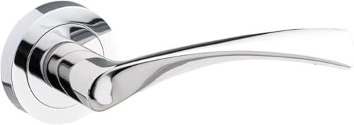 Warped Lever on Rose Door Handle, Polished Chrome, Contemporary Design, Twisted Lever Latch, for Internal Wooden Doors
