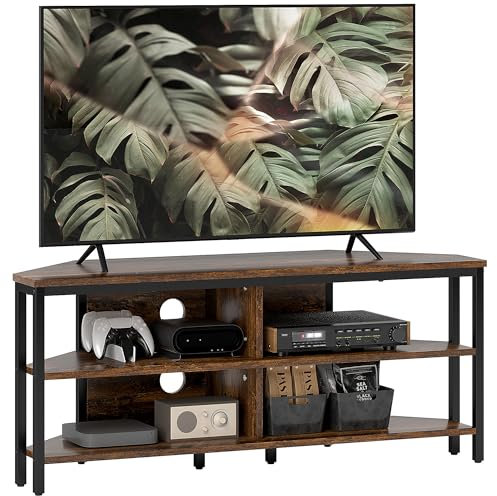 HOMCOM Corner TV Stand Cabinet, TV Unit for TVs up to 50, TV Cabinet with Storage Shelves and Cable Holes for Living Room, Bedroom, Rustic Brown