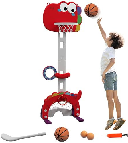 AIYAPLAY Canasta de Baloncesto Infantil 5 en 1 Canasta de Baloncesto para Niños Altura Ajustable con Fútbol ​​Golf Lazo Juego de Lanzamiento de Pelota para Interior Rojo