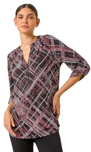 Roman Originals Shirt for Women UK Ladies Top Collarless Blouse Stretchy Tunic Smart Casual Autumn Winter Jersey 3/4 Length Sleeve Notch V Neck Flattering Office Work - Mocha Multi - Size 10