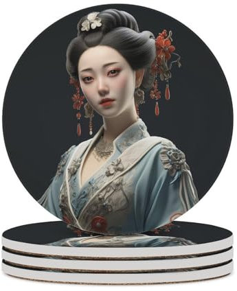 Asiatische klassische Frauen-Untersetzer, 4er-Set, Keramik-Untersetzer für Getränke, saugfähige Tassenmatte mit Korkboden für Tischschutz, Couchtischdekoration, Heimdekoration