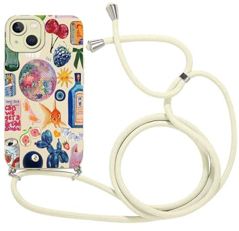 Yirlbey Cover per iPhone 15 6,1'' con Cordino, Aesthetic Collage Motivo Disegno Bianco Silicone Case Corda con Regolabile Laccio Antiurto Antigraffio Bumper Protezione della Fotocamera Custodia