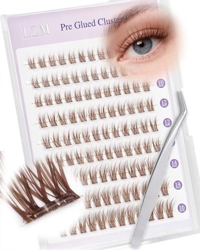 LZM Pre Glued Cluster Lashes Brown - C Curl 10-16mm Pre Glued Eyelashes With Tweezers Lightweight Brown Individual Eyelashes Easy And Quick To Wear Self Adhesive Lashes Kit (YS-9 01)