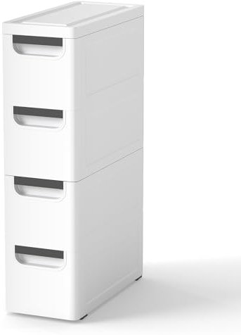 Slim Bathroom Floor Cabinet On Wheels,Narrow Bathroom Storage Unit with 3/4/5 Drawers, Mobile Drawer Cabinet Freestanding Compact Cupboard Organiser for Living Room Bedroom Entryway (4 drawers)