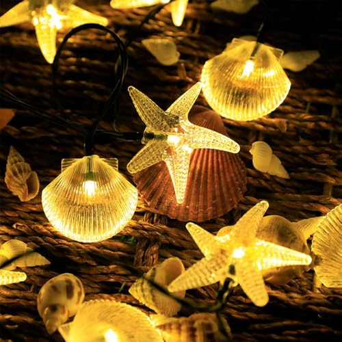 FANSU Solar Lichterkette Aussen, Seesterne Muscheln Lichterkette Außen Solar Wasserdicht,8 Modi Solarlichterkette Outdoor Wetterfest für Balkon Garten Pavillon Terrasse Vorzelt (Warmweiß,5m 20LED)