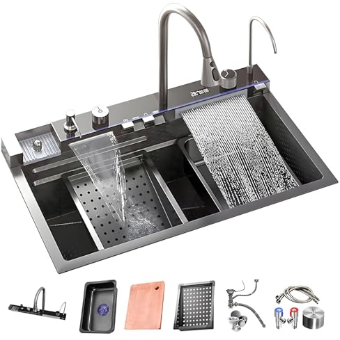 ATHOMASM Fregadero de cocina de acero inoxidable, 85 x 50 cm, con indicador de temperatura, nano-revestimiento, cascada y encimera, 1 lavabo individual con grifo extraíble, fregadero grande de cocina