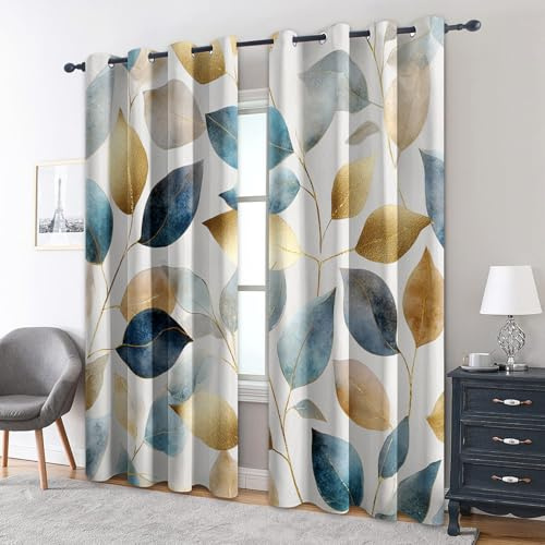 Generisch Blickdichte Vorhänge Blau Goldenes Blatt Muster, H 260 x B 140 2er Set - Moderne ästhetische Blätter Fenster Gardinen mit Ösen, 260 cm Lang Curtains Wohnzimmer Schlafzimmer Deko CG75