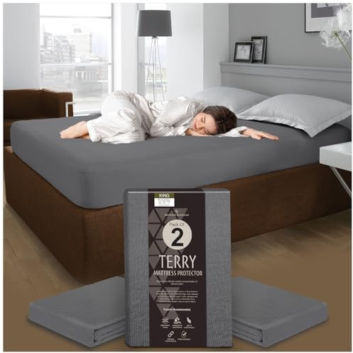 GC GAVENO CAVAILIA Terry Towel Mattress Cover - Pack of 2 - Antibacterial King Size Mattress Protector Fitted Sheet - Polycotton Waterproof Mattress Protector King Size - (200x150 Cm) - Charcoal