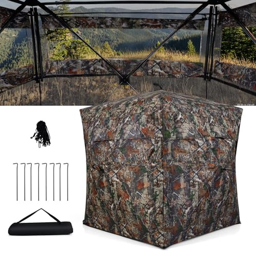 COSTWAY 2/3/4 Person Pop Up Hunting Blind, Camouflage Ground Tent with Carrying Bag, Hunting Blind Gear for Shooting Bird Watching