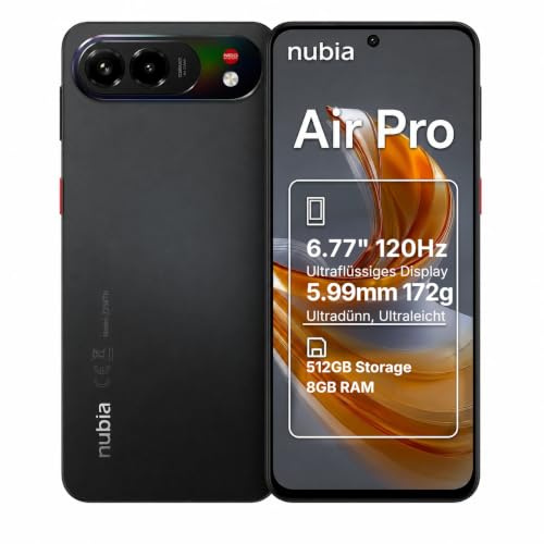 nubia Air Pro Smartphone 5G ultrasottile, 6,77’’ AMOLED 120Hz, MediaTek Dimensity 7100, RAM 20GB, 512GB, Fotocamera 108MP, Batteria 5000mAh, Android 16, Prime Black