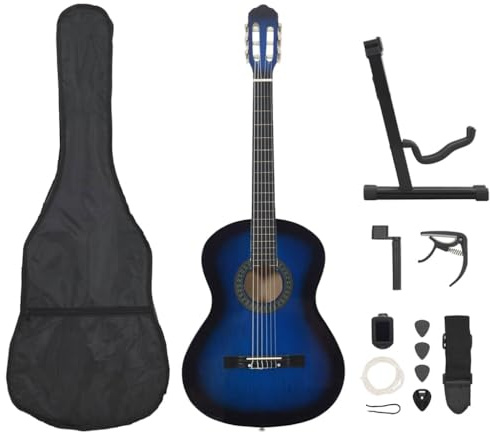 QUAHEAS Set di 12 chitarre classiche per principianti blu 4/4 39 pollici in legno di tiglio con custodia tracolla accordatore plettro capotasto supporto per chitarra ideale per lezioni musicali