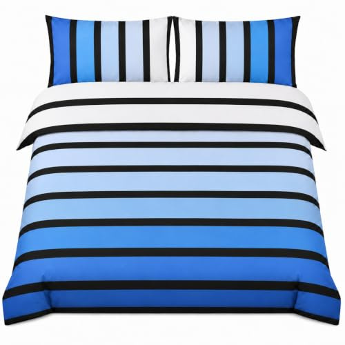 Rapport Home Striped Blue Duvet Cover Set Double Size - Vibrant Polycotton Bedding with Pillowcase, Durable & Fade Resistant for Kids & Adults Bedroom