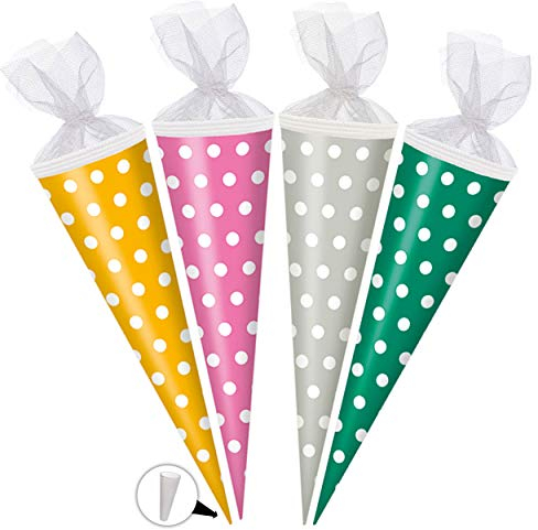 alles-meine.de GmbH 3 Stück Schultüten - bunter Farbmix - gelb/türkis/rosa/grau - Punkte weiß - 50 cm - rund - mit Tüllabschluß - Zuckertüte - Rohling - Bastelschultü..