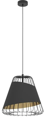 EGLO Pendelleuchte Austell, 1 flammige Hängelampe Industrial, Vintage | Modern, Hängeleuchte aus Stahl und Textil in Schwarz, Gold, Esstischlampe, Wohnzimmerlampe hängend mit E27 Fassung, Ø 43 cm
