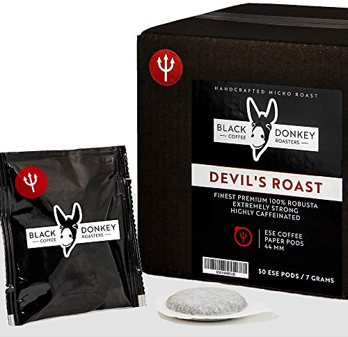 Black Donkey - 50 ESE Coffee Paper Pods 44mm (DEVIL'S ROAST) | Extra Strong | Highly Caffeinated | Mix of Robusta Blends | Roasted In Italy | Full-Bodied & Intense | Notes of nutty chocolate