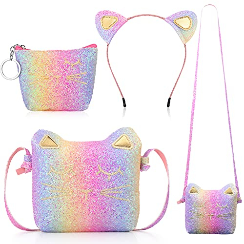 3 Pièces Bandeau Porte-Monnaie Sac à Bandoulière de Chat, Sac à Main Mignon Sac à Main Chat avec Mini Porte-Monnaie et Bandeau Chat pour Anniversaire (Couleur Arc-en-Ciel Pailleté)