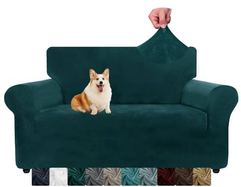 CHELZEN Samt Couchbezüge 2-Sitzer Dicke Stretch Sofa Bezüge für Hunde Haustiere rutschfeste Liebe Sitz Couch Slipcover Waschbare Möbel Schutz für Wohnzimmer (2 Sitzer, Schwarzgrün)