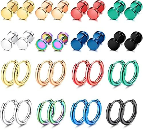 Diamday 16 Paar Ohrringe Set Edelstahl für Damen Herren Creolen Huggie Ohrringe Knorpe Piercings Ohrstecker Hypoallergen Fake Gauge Ohrstecker Ohrringe Set Regenbogen Hoop Ohrschmuck 8MM