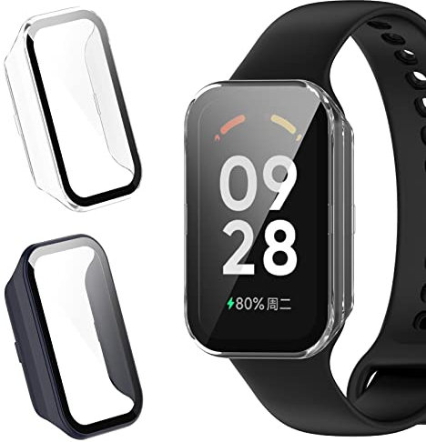[2 Pack] Funda para Xiaomi Smart Band 8 Active/Redmi Smart Band 2 Funda + Cristal Templado,Protección Completo Anti Rasguños TPU Funda Delgado Protector de Pantalla,Negro + Azul Tinta