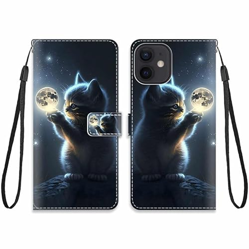 KARTXITAI Hülle Kompatibel mit iPhone 12 mini,Leder Handyhülle mit Kartenfach Geld Slot Ständer PU Ledertasche Wallet Flip Magnetische Muster Schutzhülle-Mondkatze,Himmel,Sterne