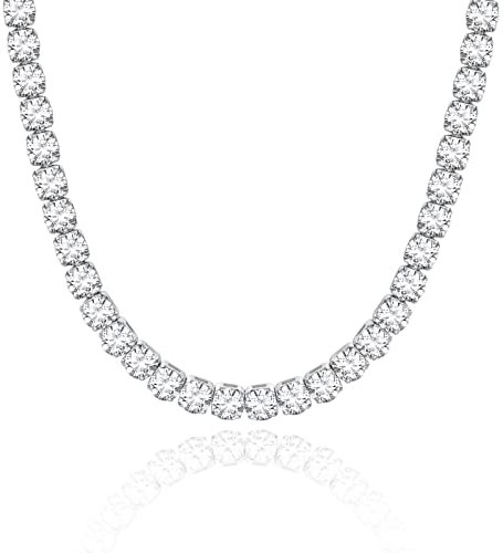 KissYan Silver Tennis Necklace for Women, White Gold Plated Diamond Cubic Zirconia Round Tennis Chain Adjustable Choker Dainty Jewelry Gifts(67-W)