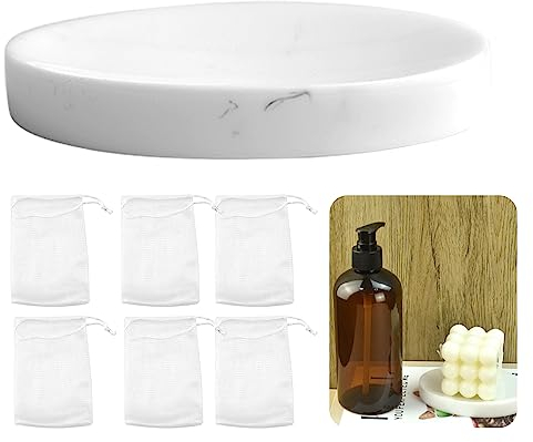 PEALOVCOM Seifenschale aus Kunstharz Seifenablage Ovale Seifenhalter Modern Soap Holder Dish rutschfeste Seifenbehalter mit Netzbeutel, Seife trocken halten, für Toilette Dusche Küche Badezimmer-Weiß