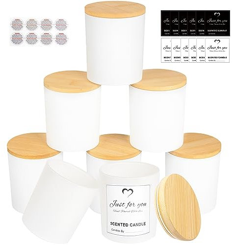 CONNOO Leere weiße Glaskerzengläser für die Herstellung von Kerzen mit Bambusdeckel und Klebeetiketten, Großkerzengläser für die Herstellung von Kerzen, Gewürz-, Pulverbehälter, 8 Stück